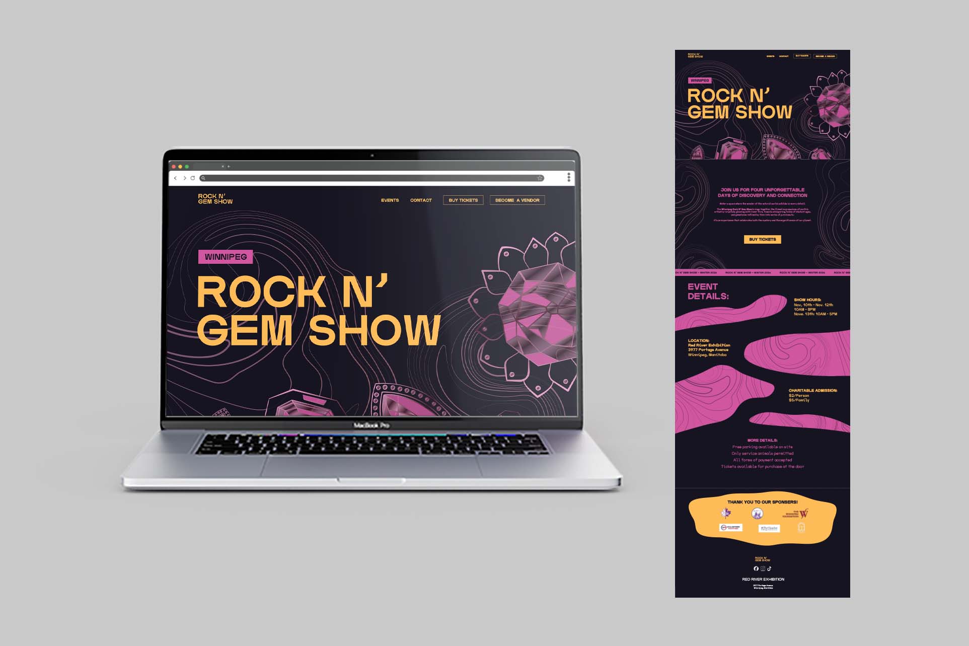 Rock and gem show macbook mockup and full length image of website