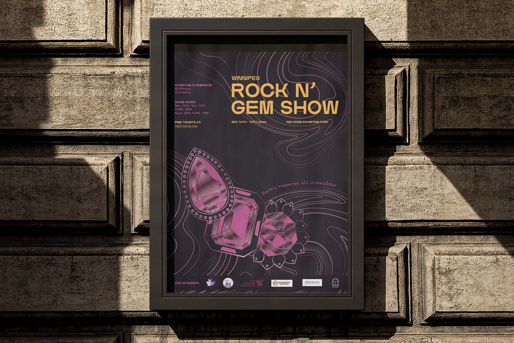 Rock and gem show poster in a black frame and wooden background