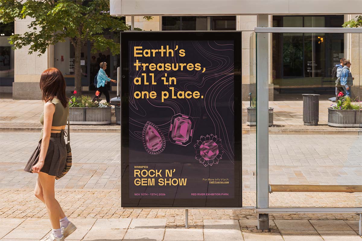 Rock and gem show outdoors mockup with person walking by