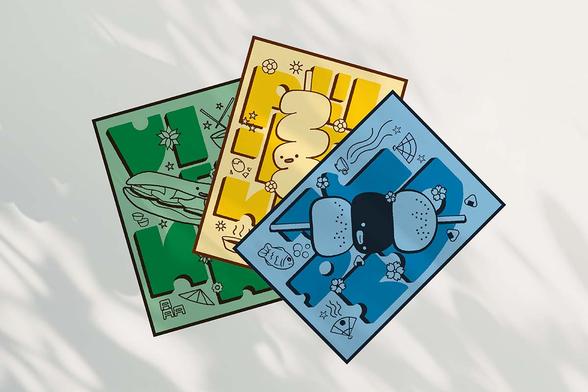 set of three illustrated cards laid out