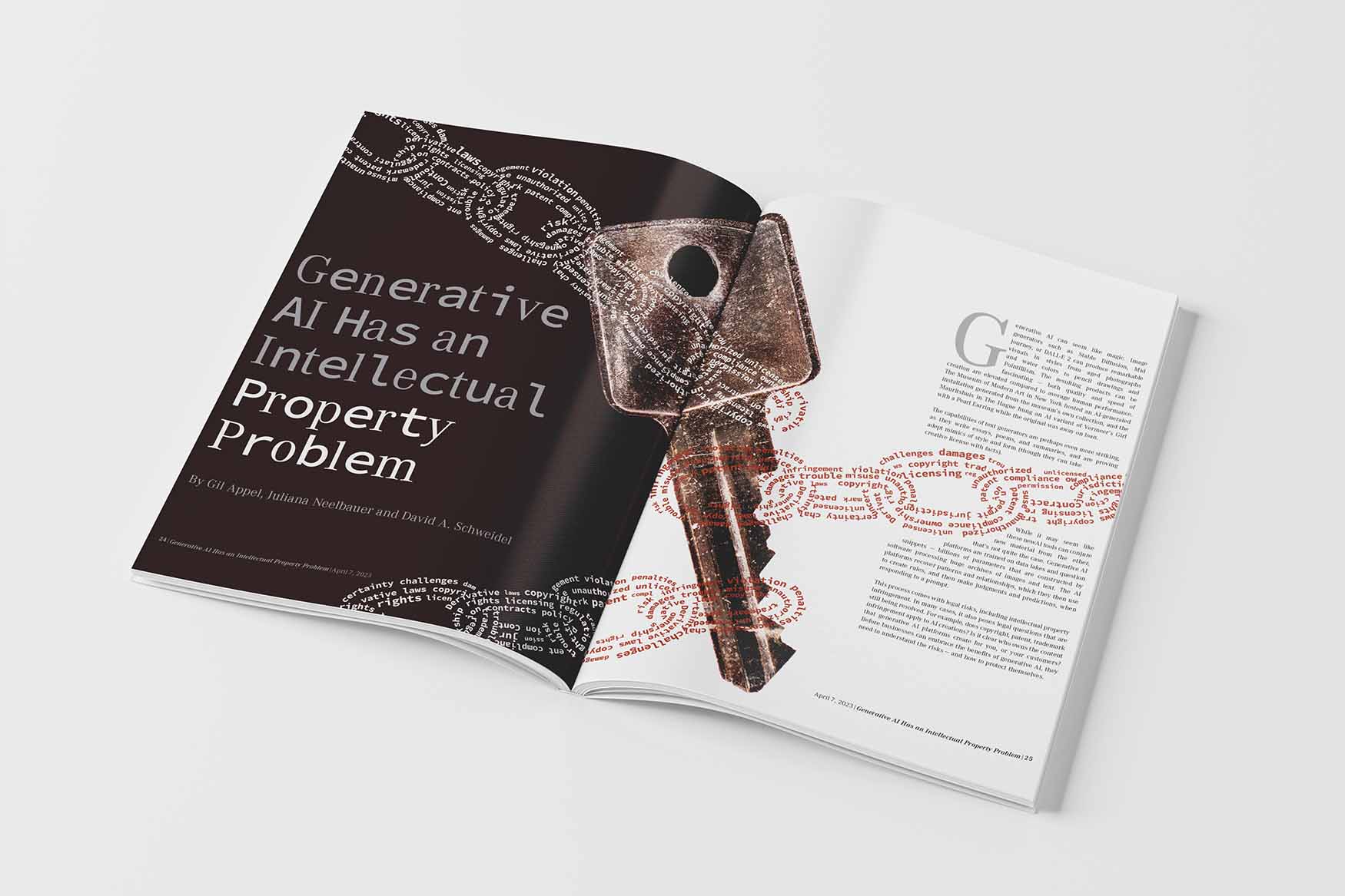 Generative AI article magazine spread with a key and three chains made out of words going across
