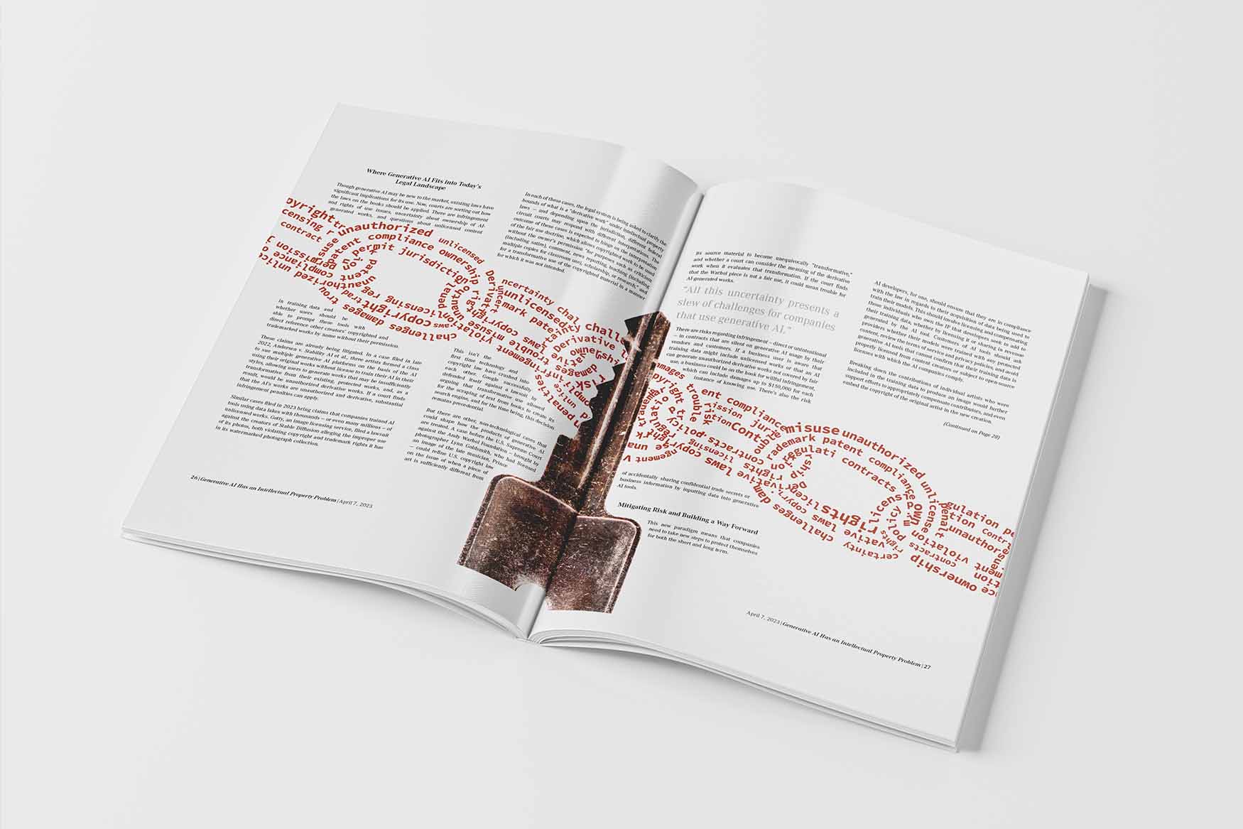 Generative AI article second magazine spread with a key and one chain link made out of words spanning across