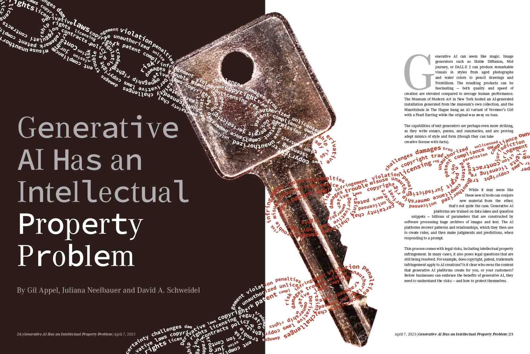 flat graphic of the Generative AI article spread with a key and three chains made out of words going across