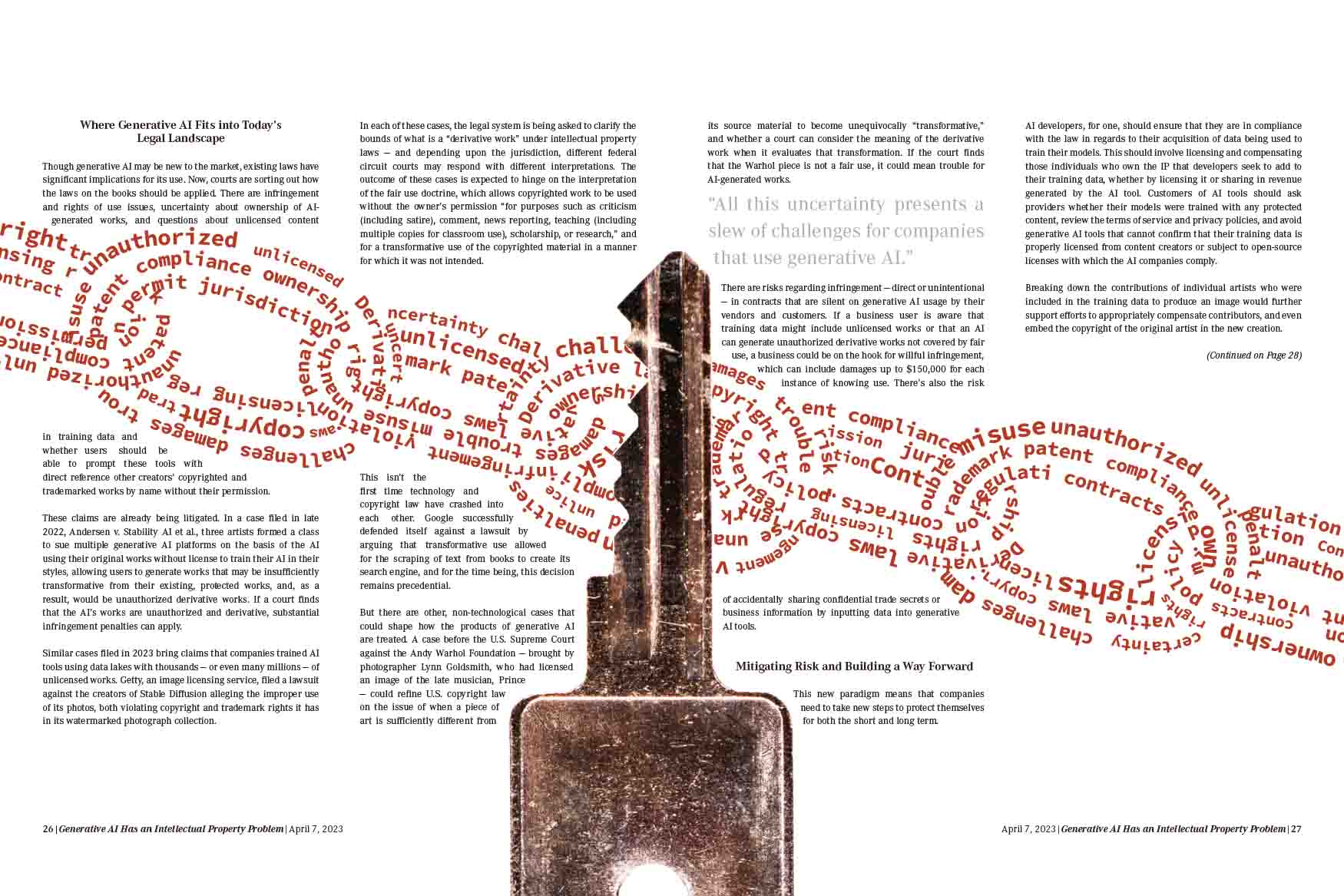 flat graphic of the Generative AI article second magazine spread with a key and one chain link made out of words spanning across